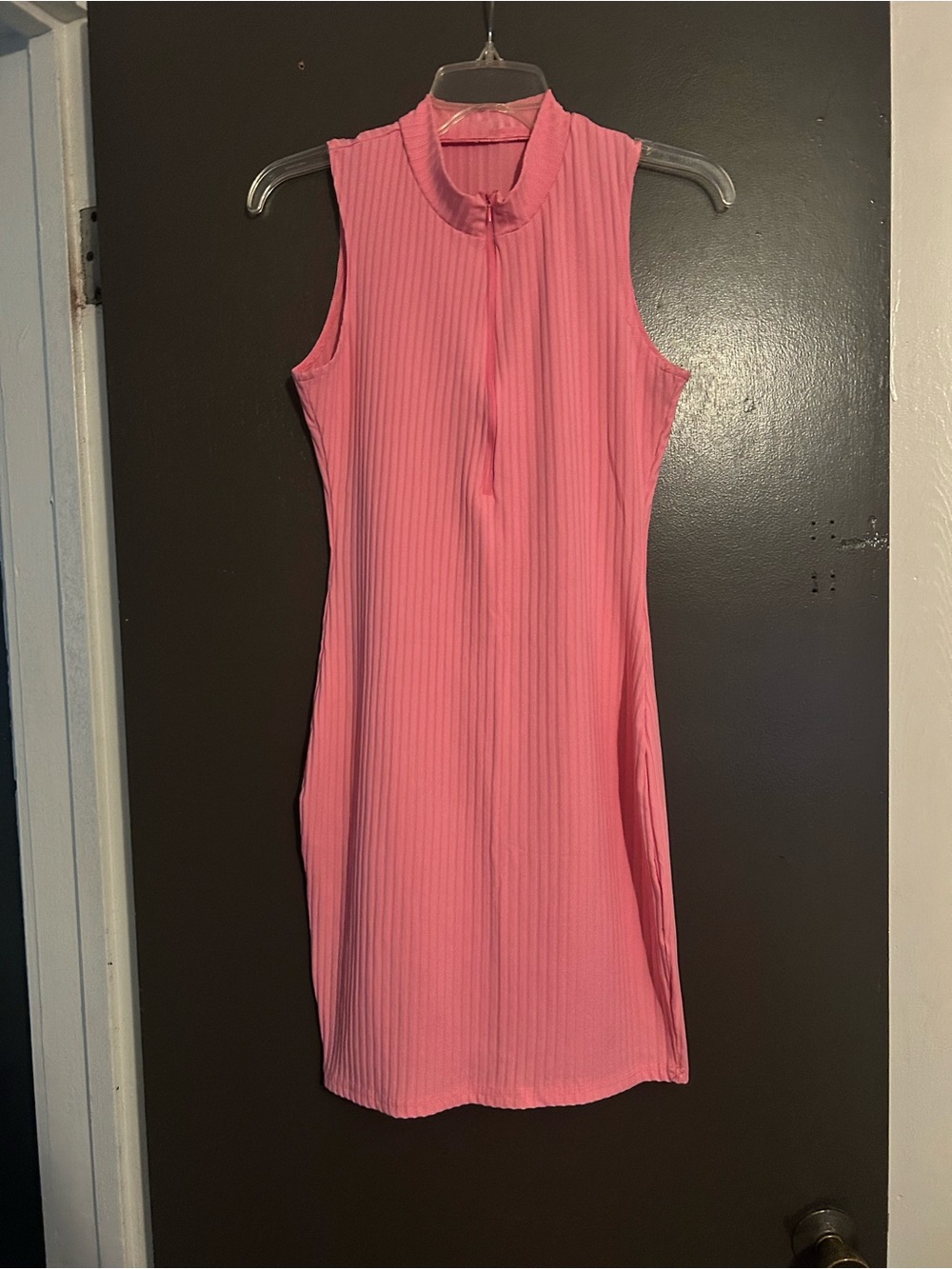 Sleeveless Pink Ribbed Mock-Neck Dress